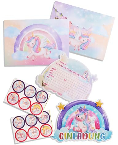 Heartsking 12 Einhorn Einladungskarten Kindergeburtstag Mädchen, Einladungskarten Geburtstag mit Umschlägen Aufkleber, Einladung für Geburtstagsfeier Geburtstagseinladungen Partyeinladungen Mädchen