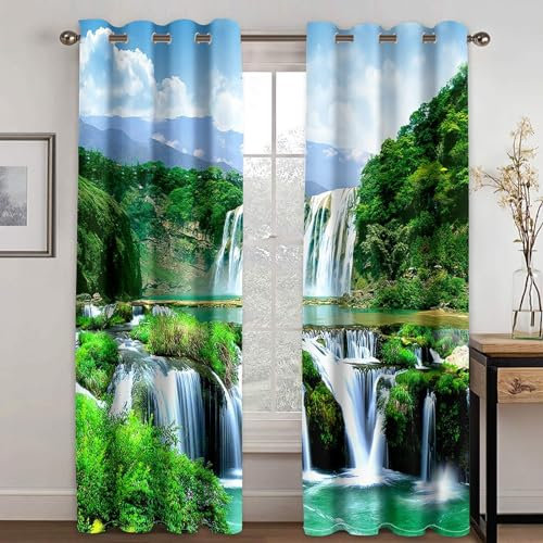 MTBDDyyds Vorhänge Für Kinderzimmer Jungen - 3D Wasserfall Pflanzen Landschaft 137X117Cm - Kinderzimmervorhänge Mit Ösen, Verdunkelungsvorhang Gardinen Schals Vorhang Blickdicht