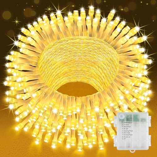 YIFMOO Lichterkette Außen Batterie, 20M 200LED Weihnachtsbeleuchtung mit Timer, 8 Modi Warmweiß Lichterkette Innen, Wasserdicht Lichterketten für Zimmer Party Balkon Weihnachtsbaum Dekoration