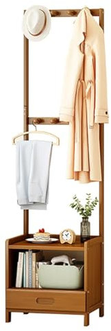 Porte-manteau en bambou avec table de chevet et plusieurs options de rangement pour chambre à coucher