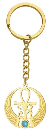 Amaxer Porte-clés Ankh Croix Œil d'Horus avec Pierre de Lune Turquoise Symbole Égyptien Ancien Croix Ankh en Acier Inoxydable Bijoux Religieux Porte-clés Porte-clés, doré, 24.5mm