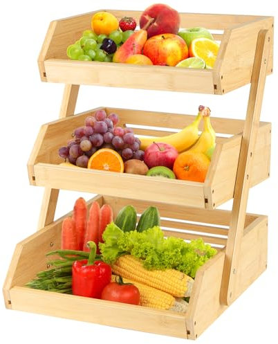 HUOLE Support de Corbeille à Fruits en Bambou, à 3 étages, Panier de Fruits Rangement en Bois du Pain dans la Cuisine,pour Plan de Travail 30 * 33 * 41cm
