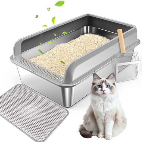 Nauotk Inodoro para gatos de acero inoxidable con tapa, antibacteriano, de metal con protección contra salpicaduras, caja de acero inoxidable con alfombrilla de arena para gatos, doble capa, pala de