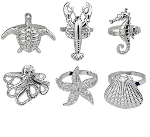 HOHOVYVY Maritim Serviettendekoration 6 Stück - Meerestiere Serviettenringe Aus Metall Für Tischdeko(Silver)