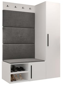 Mirjan24 Garderoben-Set Mapreni II, Schuhschrank + Kleiderhakenbrett + Kleiderschrank Gepolstertes Paneel/Wandpaneel Kleiderhaken Flurgarderobe Wandgarderobe (Weiß, Manila 16)