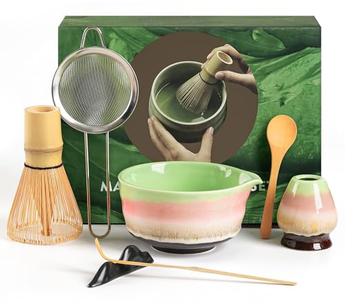 Torven Set Matcha per principianti, 7 pezzi, composto da ciotola per matcha, frullino, cucchiaio, setaccio, porta frullino, supporto per frullino, set per tè matcha fatto a mano (colore matcha)