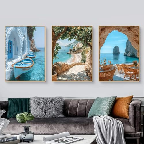 TROYSINC 3er Mediterrane Architektur Poster Set, Aesthetic Ausblicke auf griechische Inseln,Steinhäuser am Meer Landschaft Wandbilder Wohnzimmer, Wanddeko für Wohnzimmer, ohne Rahmen (B,30x40cm)