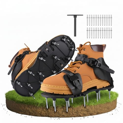 Qdreclod Rasenlüfter Schuhe, Nagelschuhe mit 26 Stahlspitzen, EU 36-47, Schraubenlose Schnellmontage, 26 verzinkte 55-mm-Stahlspitzen, Nylonsohle und PU-Riemen für Rasen, Garten und Estrich