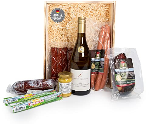 Schwarzwald Metzgerei: Geschenkkorb Holzkiste mit ausgewählten Wurst- und Schinken-Delikatessen – Präsentkorb mit Schwarzwälder Schinken, Feigensenf und Weißwein als Geschenk für jeden Anlass