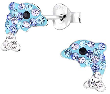 FIVE-D Kinder Ohrringe Delfin aus Kristall 925 Sterling Silber (Blau-Mix)