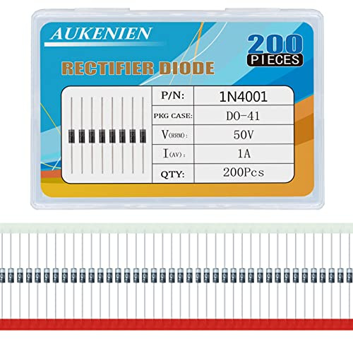 AUKENIEN 200 Stück 1N4001 Gleichrichterdiode 1A 50V DO-41 Axial 4001 1 Amp 50 Volt IN4001 Elektronische Silikondioden