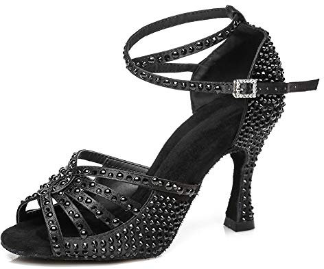 JUODVMP Sandali da Ballo con Strass da Donna Tacchi da Ballo Nero Glitterati Scarpe da Ballo Standard Latino-Salsa 7,5cm,37.5EU
