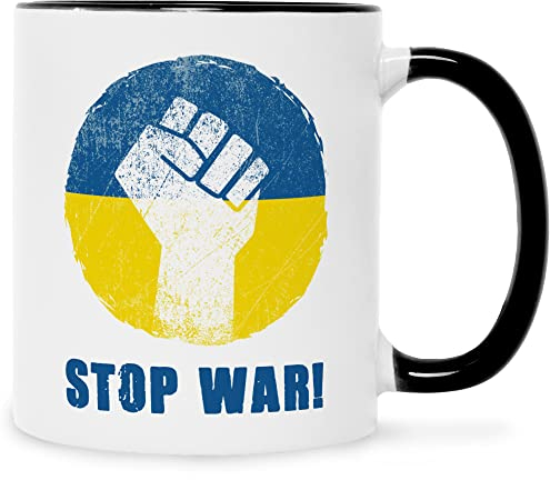 Bedruckte Tasse - Stop War - Frieden für Ukraine Ukrajina Ukrayina Kiew - Geschenk für Mama Papa Freunde Geburtstag Valentinstag Weihnachten - Männer & Frauen - für Sie & Ihn - Farbe: Schwarz & Weiß
