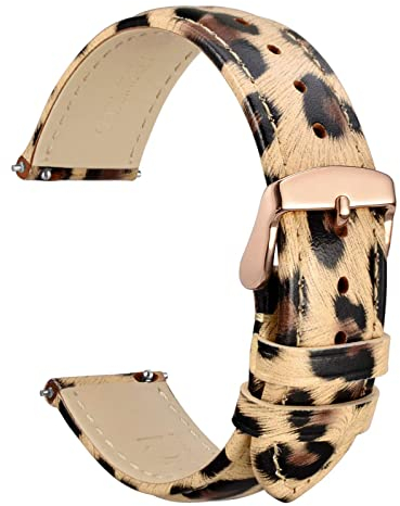 WOCCI 22mm Blumen Uhrenarmband für Damen, Echtes Leder, Schnellverschluss, Roségoldener Schnalle (Leopard)