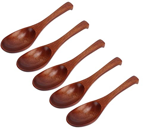 5Pcs Wooden Spoons Retro Coffee Scoop Comfortable Light Weight Short Handle Sauce Scoop Japanese and Korean Style Oval Mixing Ladle Kitchen Soup Spoon