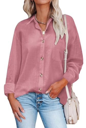 Hotouch Chemisier Femme Élégante Chemise à Manches Longues Chemise Boutonnée Décontractée Col en V Décontractée Chemisier Rose M