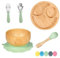 77 Star Bamboo Baby Weaning Set, Baby Suction Bowl, Suction Plate Baby, Spoon & Fork, Strong Detachable Suction Base Baby Feeding Set, Non-Slip Bamboo Bowl & Baby Plates with Suction (Mist)