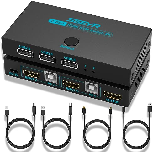 SGEYR Brancher 2 PC sur 1 Ecran, USB 2.0 Sélecteur de Commutateur, KVM HDMI Switch 2 Ports, Commutateur Kvm 2 PC 1 Ecrans, Commutateur Kvm 2 PC, Commutateur Usb Kvm, pour Souris et le Moniteur