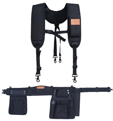 Perkins Builder Brothers Essential Tool Belt Set with Suspenders, Ideal for Framers, Carpenters and Contractors, Large Size, Black