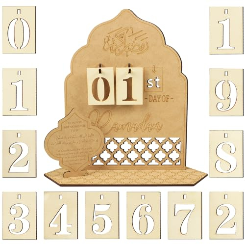 COLOFALLA Ramadan Kalender DIY Holz Ramadan Dekoration Eid Mubarak Countdown Kalender Muslim Deko mit Zahlen Islamische Tischdeko Zuhause Ramadan Geschenke (B)