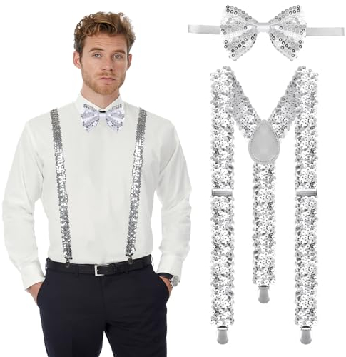LYNBLY Glitzer Pailletten Hosenträger, Pailletten Hosenträger Set, Damen Herren Hosenträger Pailletten mit Fliege, Einstellbar Elastisch für Karneval Party Show, Kostüm Party Zubehör