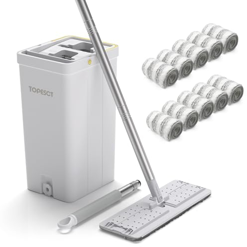 TOPESCT Wischmopp Set mit Eimer, Bodenwischer Set mit Wringer,360-Grad-Drehkopf, 142 cm Edelstahlgriff, 10 Stück Mikrofaserpads, Nass- und Trockengebrauch für Hartholz-Laminat-Fliesenböden (Grau)