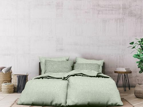 Heckett & Lane Flanell Bettwäsche 155x220 Franela Laurel Green lind Uni Melange