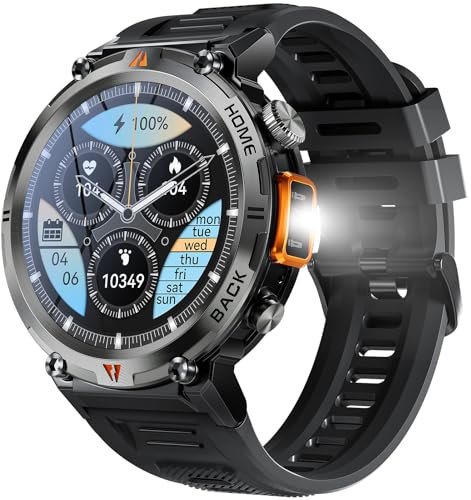 JELLOO 3ATM wasserdichte Militär-Smartwatches für Herren, KE3 mit LED-Taschenlampe, Android-Smartwatch, kompatibel mit iPhone (Anruf empfangen/Zifferblatt), 3,6 cm (1,45 Zoll) HD 110+ Sportmodi,