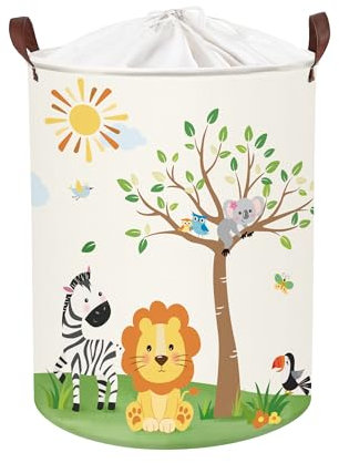 Clastyle Waldtier Kinder Wäschekorb mit Henkel Faltbar Blatt Kleidung Spielzeug Aufbewahrungskorb Jungen Mädchen Aufbewahrungsbox für Babyzimmer Bad, Löwe Elefant, 40 * 50 cm