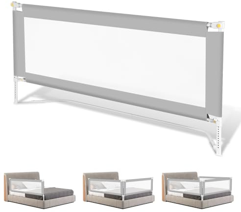 Jopassy Bettgitter 180CMx1+200CMx1 Bettschutzgitter Kinderbettgitter mit U-förmiger Basis, Rausfallschutz Bett für Kinder & Elternbetten, Hoch 68 bis 95cm, Stabile, Grau