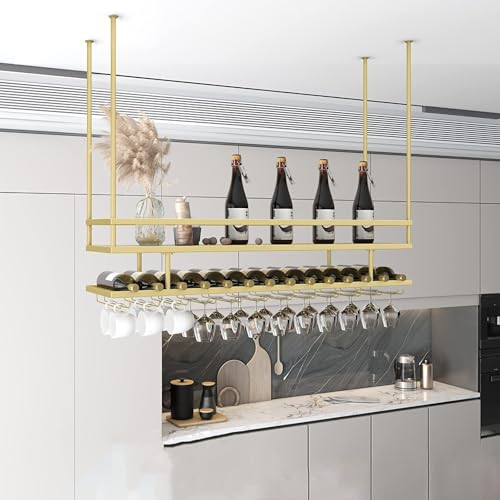 Hanging Wine Rack, Iron Upside Down Stemware Goblet Wine Glass Holder, Ceiling Mount Storage Rack Gold, 45kg Weight Capacity(60 * 30 * 80cm)