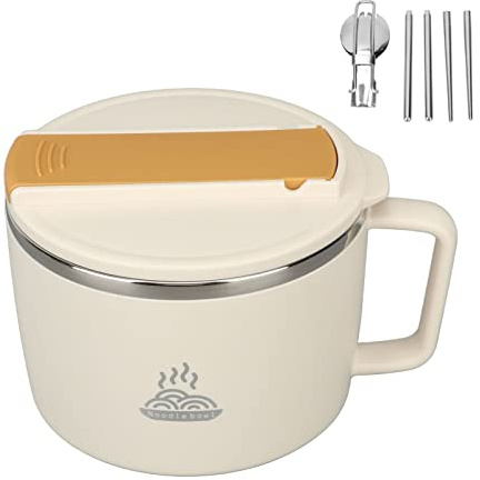 Noodle Bowl, 1200ml Ramen Bowl Stainless Steel Soup Bowl Food Container Ramen Mug with Chopsticks and Spork Lid for Office (Beige)