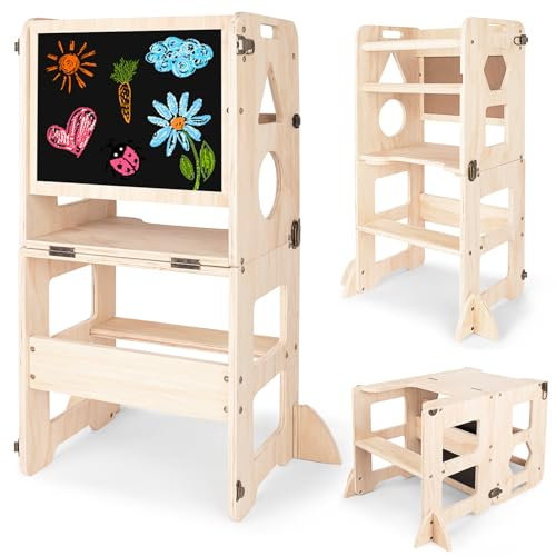 Woodure Tour d'apprentissage Montessori 4 en 1, Tour d Observation Enfant Pliable avec Tableau Noir, Tabouret de Cuisine en Bois pour Enfants, Cadeaux pour garçons et Filles de 1 à 3 Ans