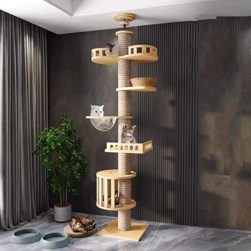 Mekidulu Arbre à Chat du Sol au Plafond, Grand Arbre à avec griffoir de 11 cm de Large, Paniers en rotin, Hamac pour Chat, Entièrement enveloppé de Corde en sisal (240 à 280 cm T03)