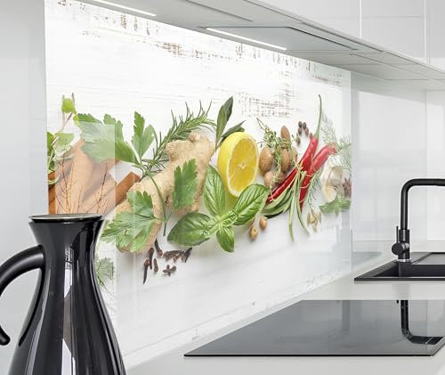 timalo Spritzschutz Wand für Herd, Küche Küchenrückwand Glasoptik | Acryl Glas 2mm | Glasrückwand Acrylglas Wandpaneele Rückwandschutz Platte | 160x50cm Kräuter Zitrone Vintage