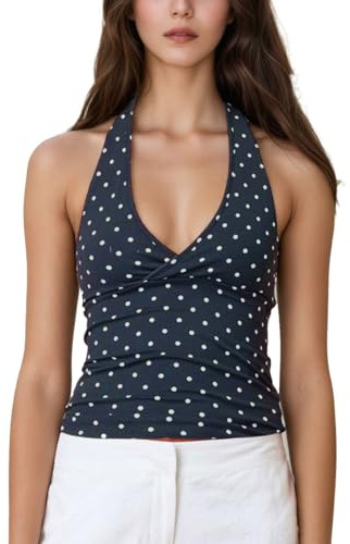 Auriselle Canottiera Donna Y2K Top Sexy a Pois Halter Canotta Regolabile con Spaghetti Senza Spalline Top con Profondo Scollo a V Slim Fit Cami Senza Maniche T-Shirt Estiva, Nero, S-L