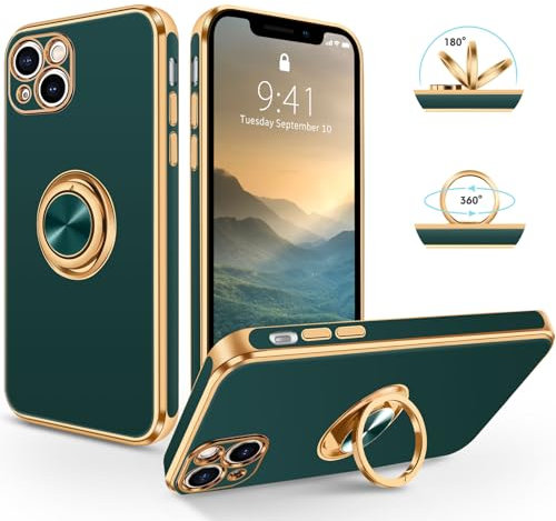 SouliGo Cover Compatibile con iPhone 13，Silicone TPU Morbida, Antiurto, Fodera in Microfibra Antigraffio, Con Supporto ad Anello a 360 Gradi, Custodia per iPhone 13 6.1”, Verde