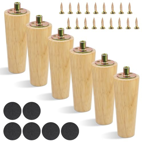TOKSEO 6 Stück 12cm Möbelfüße Holz, Konisch Tischbeine Holz Schrankbeine, Sofa Stuhlbeine mit Montageplatte Gummipads, Holzfüße für Möbel Schrank Stuhl Tisch