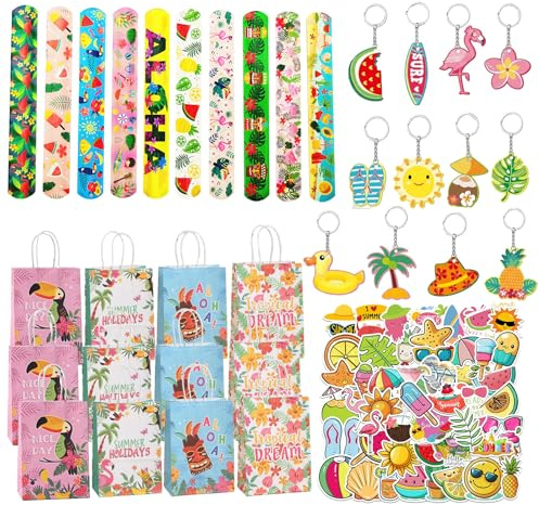 Puhzamey 86PCS Pool Sommer Mitgebsel Kindergeburtstag Set,Kinder Favour Geburtstag Party Geschenke,Hawaii Party Deko mit 12 Geschenktüten 12 Armband 12 Schlüsselanhänger 50 Sticker