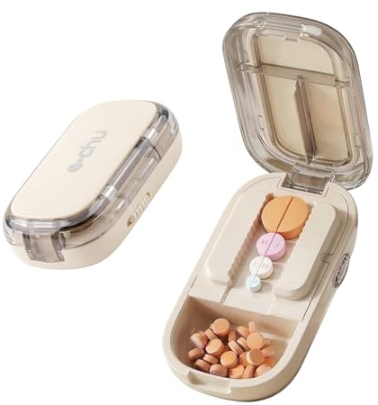 MIMISOLA Coupe Comprimé, Coupe Médicaments en 2, Coupe Cachet pour Petits et Gros Cachets, Séparateur de Comprimés pour Fendre vos Pilules et Transporter vos Médicaments (Beige Clair)