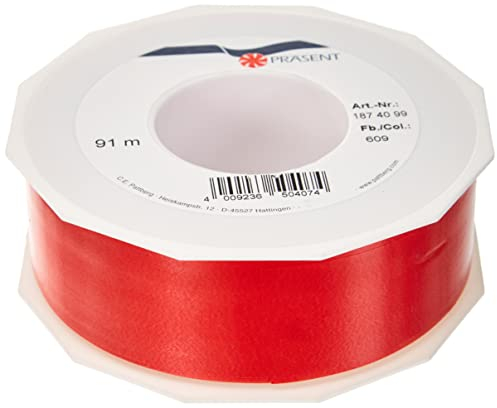 C.E. PATTBERG Geschenkband rot, 91 Meter Ringelband 40 mm zum Basteln, Dekorieren & Verpacken von Geschenken zu jedem Anlass
