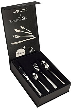 ARCOS Juego de Cubiertos de 24 Piezas para Mesa. Cubertería Completa para 6 Personas. Set de 6 Cucharas, 6 Cuchillos, 6 Tenedores y 6 Cucharas de Postre. Serie Toscana. Color Plata