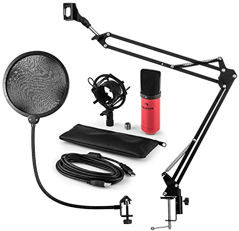 auna Mikrofonset V4 - Heimstudio Set, 3-teilig, MIC-900RD, USB-Kondensatormikrofon, Pop-Schutz, faltbarer Mikrofonarm inkl Mikrofonhalterung, Mikrofonspinne, Plug & Play, 1,5 kg, rot