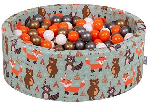 KiddyMoon Rund Bällebad Bällepool 90X30cm/300 Bälle ∅ 7Cm Ballgruben Mit Bunten Bällen Für Babys Spielbad Kleinkinder, Hergestellt In Der EU, Füchse-Grün:Orange/Silbern/Golden/Weiß