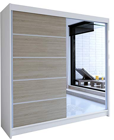 Mirjan24 Schiebetürenschrank Talin III, Aluminiumgleitschienen, Kleiderschrank mit Kleiderstange, Einlegeboden für Schlafzimmer, Diele (Weiß/Sonoma + Spiegel, ohne Beleuchtung)
