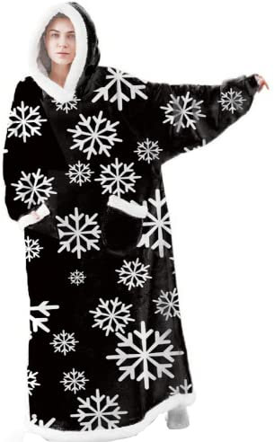 iyoimono Hoodie Decke für DamenHerren Flanell Fleece Oversized Kapuzen Pullover Sweatshirt Kuscheldecke Flauschige Sherpa TV-Decke mit Ärmeln Übergroße Ganzkörperdecke(Schwarze Schneeflocke,150cm)