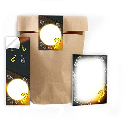 12 Mini-Notizblöcke + 12 Geschenktüten (Natur) + 12 Aufkleber Escape Room Mitgebsel Gastgeschenk beim Kindergeburtstag Jungen Mädchen
