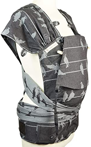 Fräulein Hübsch WrapCon Babytrage - passt ab Geburt bis ins Kleinkindalter (15kg) - Bauch & Rückentrage - Anhock-Spreiz-Haltung wie im Tragetuch - 100% Biobaumwolle - Farbe Birds on a Wire Anthrazit