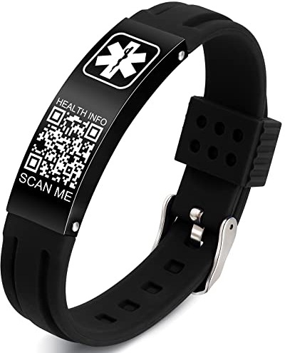 Theluckytag Medizinische Armbänder Männer Frauen mit QR Code Alert ID Armbänder Silikon wasserdichtes Armband passt Handgelenke bis 9'''mehr Raum Benutzerdefinierte Notfall medizinische ID Alert Info