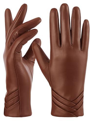 GSG SINCE 1998 Gants Cuir Femme Tactiles en Mouton Sans Chrome – Gants Chauds avec Doublure Laine, Poignets Froncés, Idéal pour Conduite et Moto Marron M